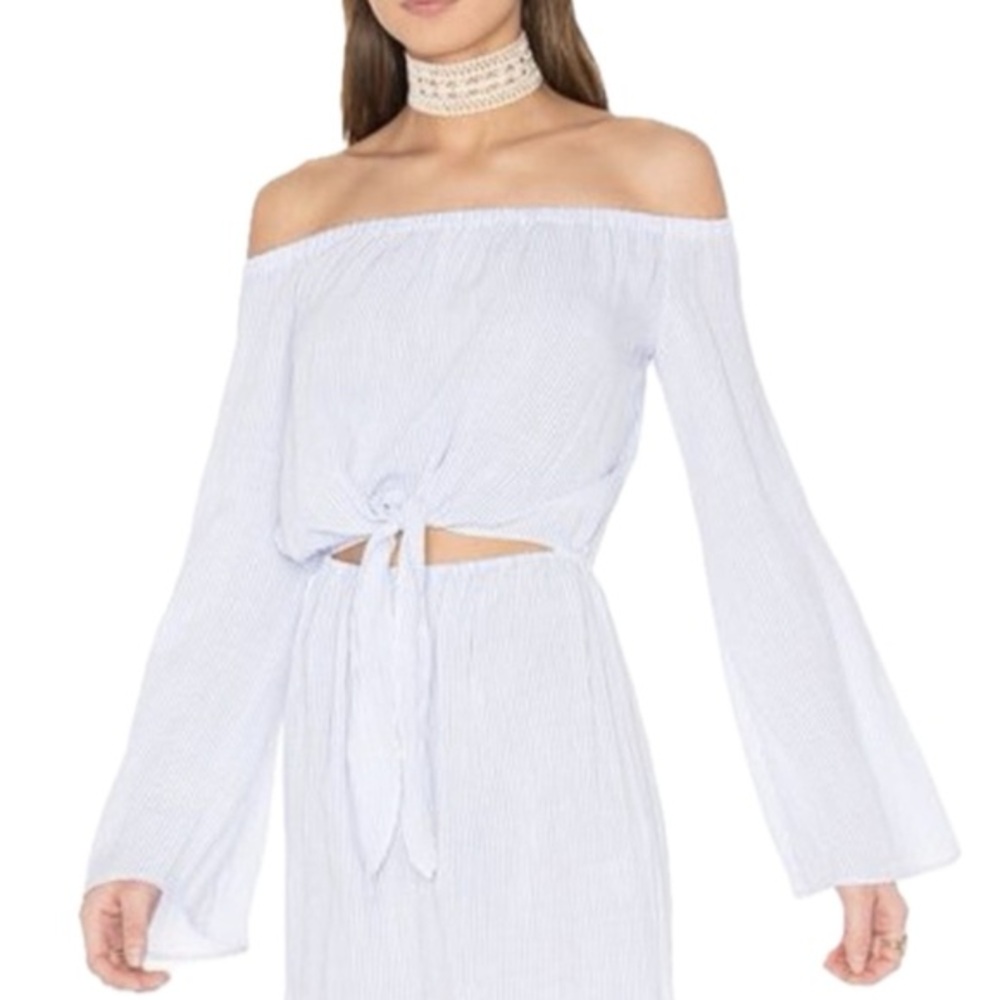 L’Academie Los Angeles Off-Shoulder Pinstripe Top in Blue